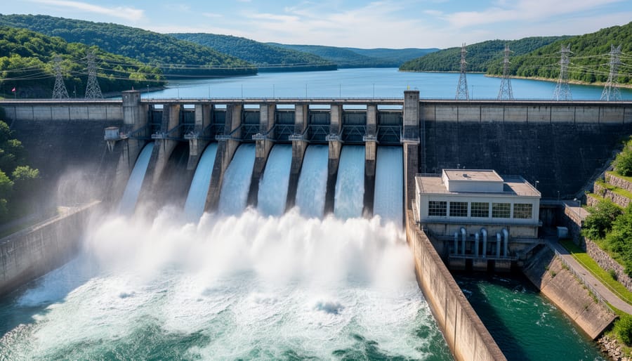 Hydroelectric dam spillway with water flowing over concrete and mist rising