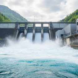 “A hydropower dam with a river flowing over the spillway, showing water mist and a powerhouse in a green valley under an overcast sky.”