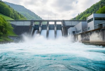 “A hydropower dam with a river flowing over the spillway, showing water mist and a powerhouse in a green valley under an overcast sky.”