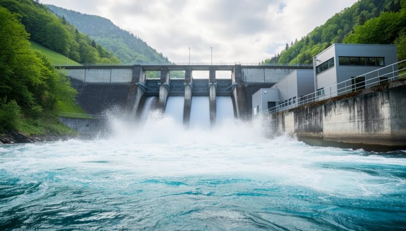 “A hydropower dam with a river flowing over the spillway, showing water mist and a powerhouse in a green valley under an overcast sky.”