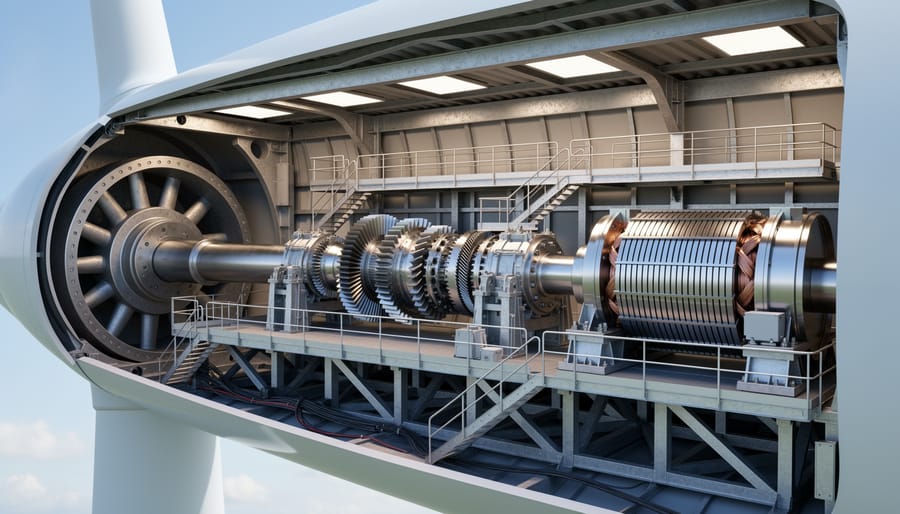 Inside view of a wind turbine nacelle showing generator and mechanical components.