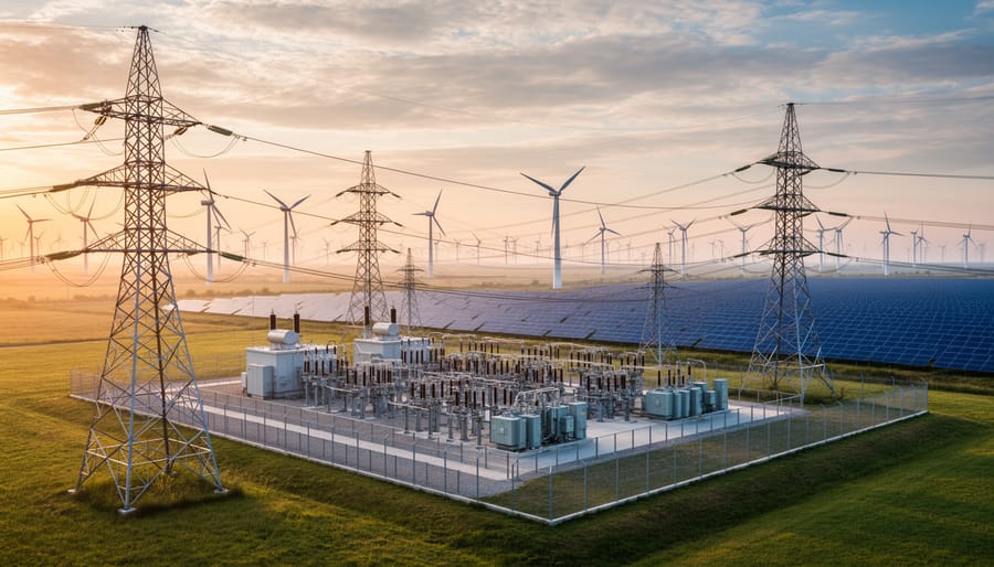 Low-angle view of a high-voltage substation with renewable energy structures faintly visible in the background at sunset.