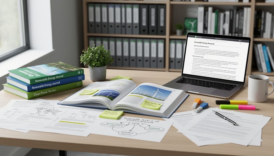 Open space on a desk showing renewable energy review papers and a journal volume beside bookshelves