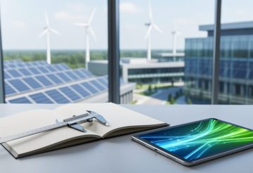 Research workspace with an open blank notebook, measuring tools, and a tablet showing abstract light streaks, with softly blurred solar panels and wind turbines in the background.