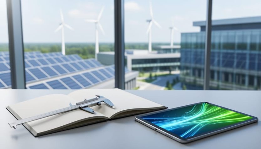 Research workspace with an open blank notebook, measuring tools, and a tablet showing abstract light streaks, with softly blurred solar panels and wind turbines in the background.
