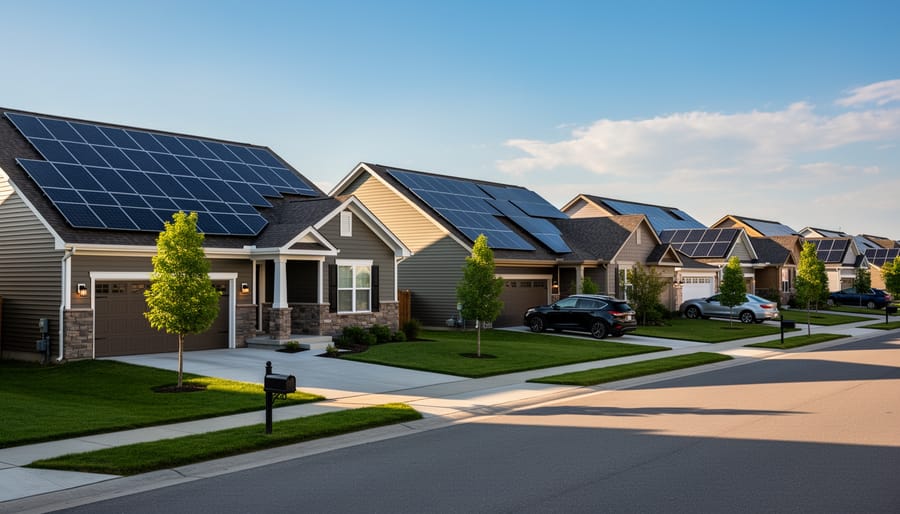 Rooftop solar panels on houses in a German residential area.