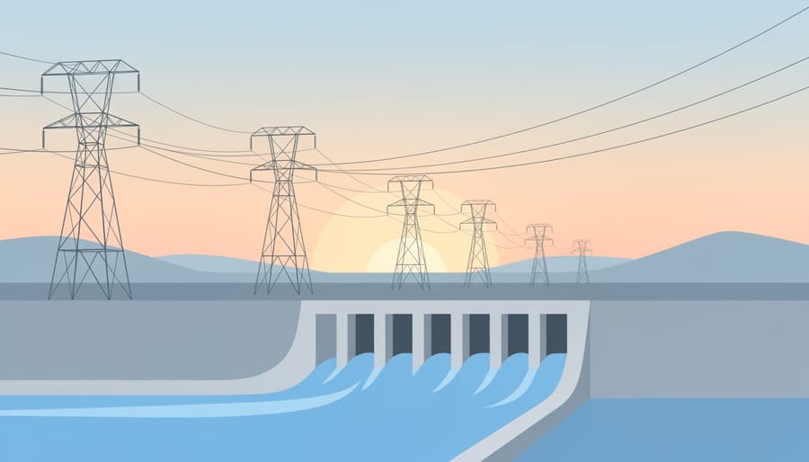 Silhouette of a power transmission pylon against a sunrise sky