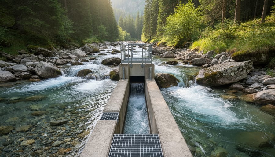 Small hydropower intake structure placed along a forest stream with flowing water