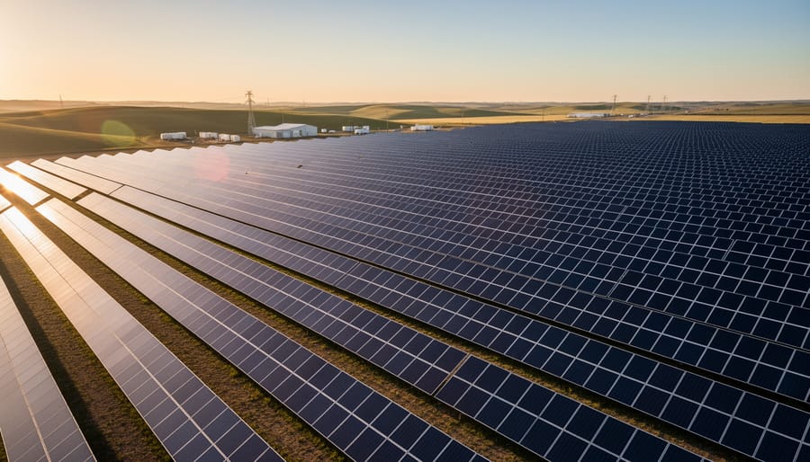 Solar farm with photovoltaic panels reflecting sunset light and distant wind turbines on the horizon