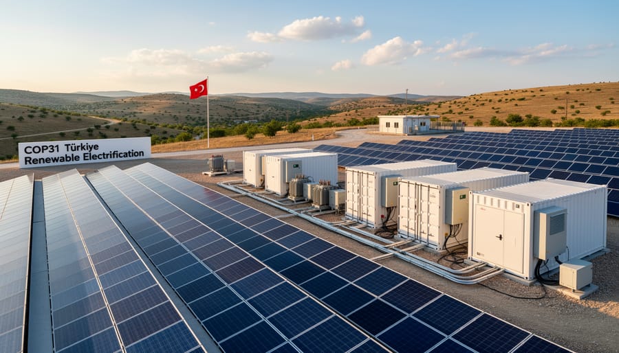 Solar panels and a rooftop energy storage inverter in the foreground with wind turbines blurred in the distance.