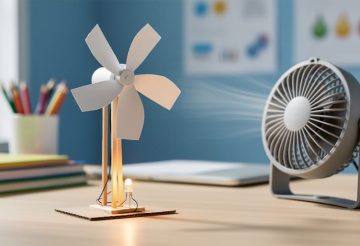 Close-up of a student STEM windmill model with paper-cup rotor blades spinning near a small fan, while a small LED glows to demonstrate wind energy conversion.