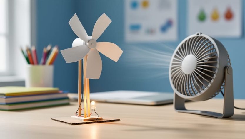 Close-up of a student STEM windmill model with paper-cup rotor blades spinning near a small fan, while a small LED glows to demonstrate wind energy conversion.