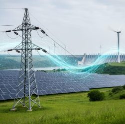 Renewable energy infrastructure in Turkey featuring solar panels and wind turbines with an abstract glowing network overlay suggesting blockchain-based verification.