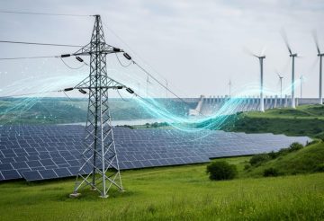 Renewable energy infrastructure in Turkey featuring solar panels and wind turbines with an abstract glowing network overlay suggesting blockchain-based verification.