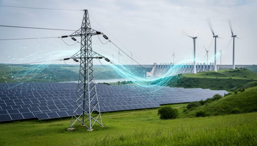 Renewable energy infrastructure in Turkey featuring solar panels and wind turbines with an abstract glowing network overlay suggesting blockchain-based verification.