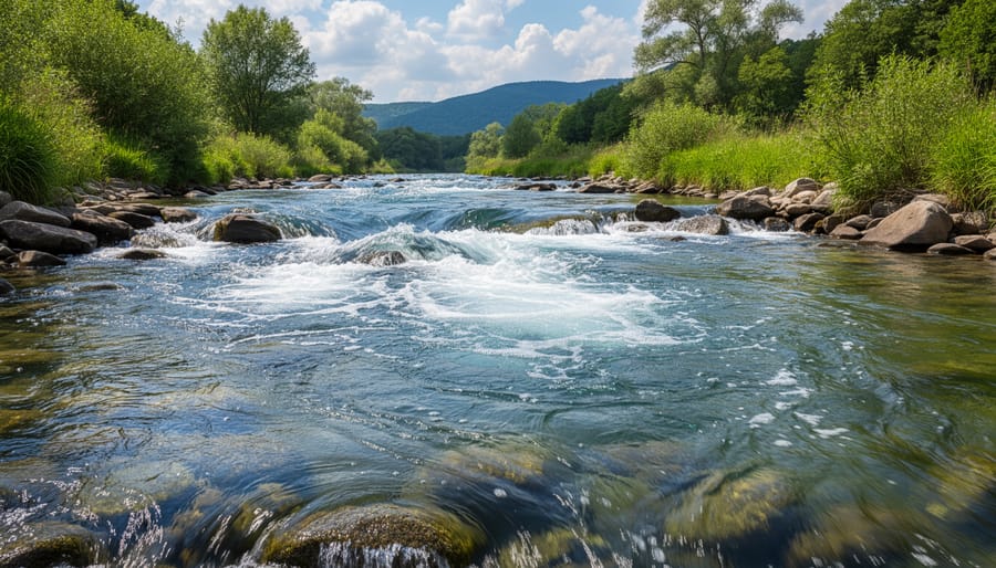 Wide shot of a flowing river over rocky terrain with surrounding green vegetation
