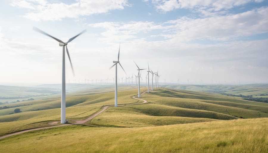 Wind turbine blades spinning at a coastal wind farm under golden hour light.