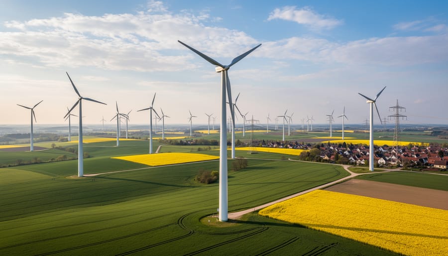 Wind turbines on a ridge in Germany under an overcast sky.