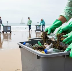 Volunteers wearing gloves collect plastic and sea debris from wet sand into a reusable bin during a coastal cleanup.