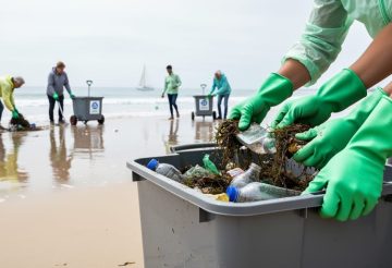 Volunteers wearing gloves collect plastic and sea debris from wet sand into a reusable bin during a coastal cleanup.