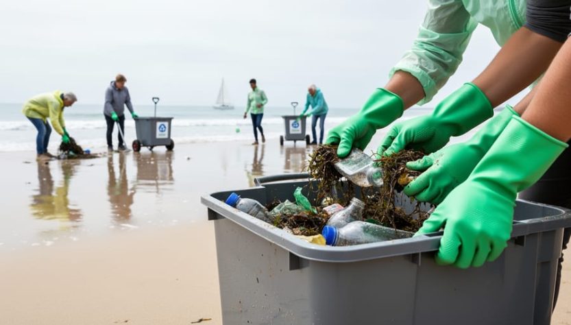 Volunteers wearing gloves collect plastic and sea debris from wet sand into a reusable bin during a coastal cleanup.