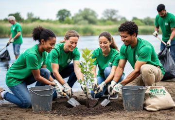 Volunteers planting a sapling and picking up litter along a riverbank in a clean, green outdoor setting.