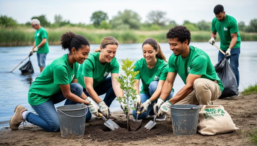 Volunteers planting a sapling and picking up litter along a riverbank in a clean, green outdoor setting.