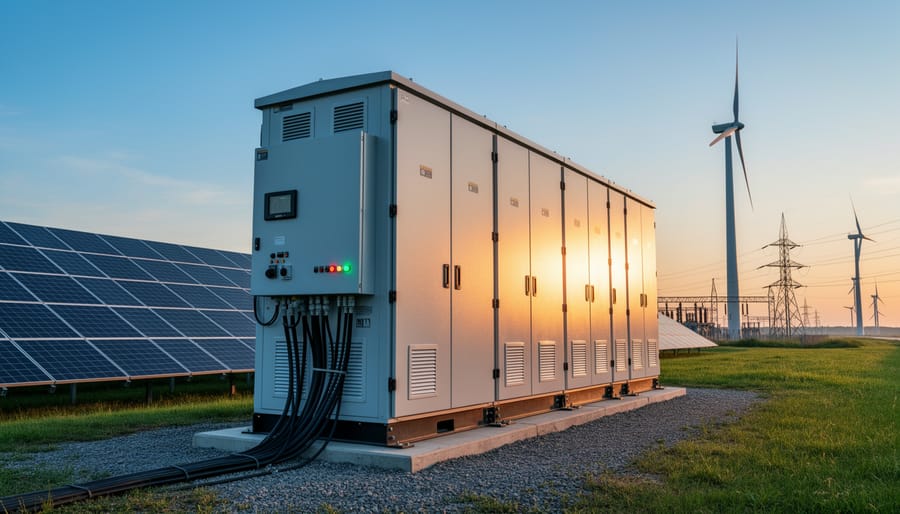Close-up of an industrial battery module inside an energy storage container.