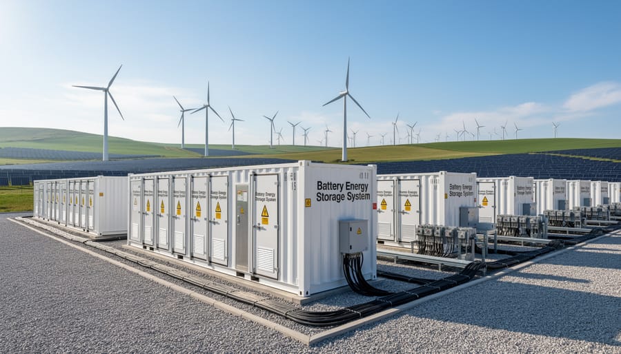 Container-style battery energy storage units at an industrial site