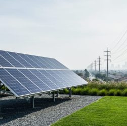 Modern solar panel array in the foreground with distant power lines and utility poles representing community electricity supply and grid infrastructure.