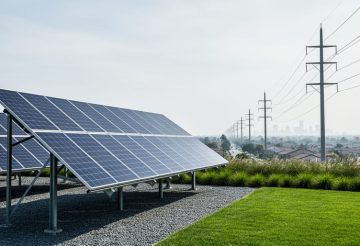 Modern solar panel array in the foreground with distant power lines and utility poles representing community electricity supply and grid infrastructure.