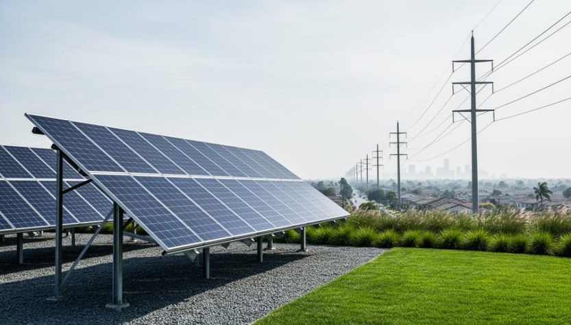 Modern solar panel array in the foreground with distant power lines and utility poles representing community electricity supply and grid infrastructure.
