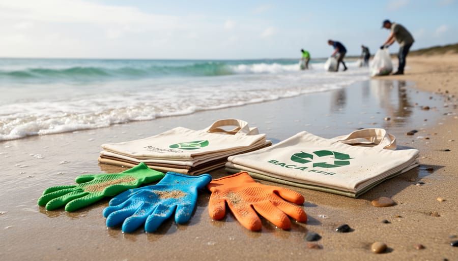 Volunteers picking up trash on a sandy beach during a coastal cleanup event near the ocean.