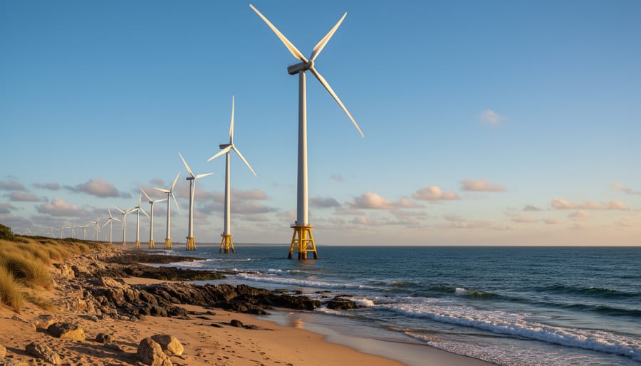 Wind turbines along a coastline at sunset with ocean and grass in the background.