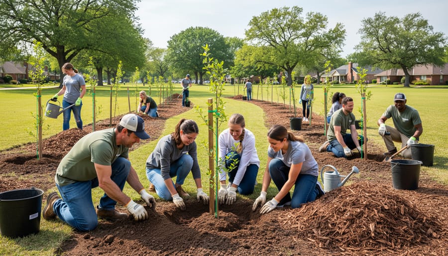 Volunteers planting a young tree together during an outdoor community event