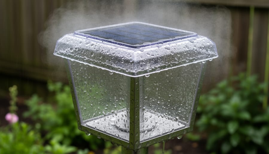 Rainy outdoor solar light fixture with condensation droplets on the solar panel and wet surroundings.