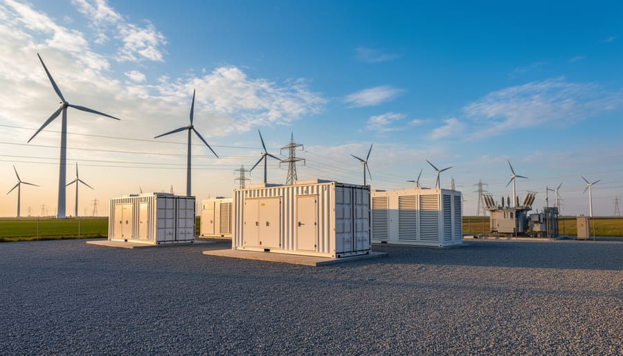 Containerized battery energy storage units outdoors near wind turbines