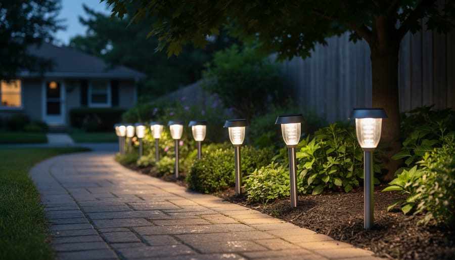 Solar pathway lights at dusk with one fixture appearing dim or off, showing underperformance.