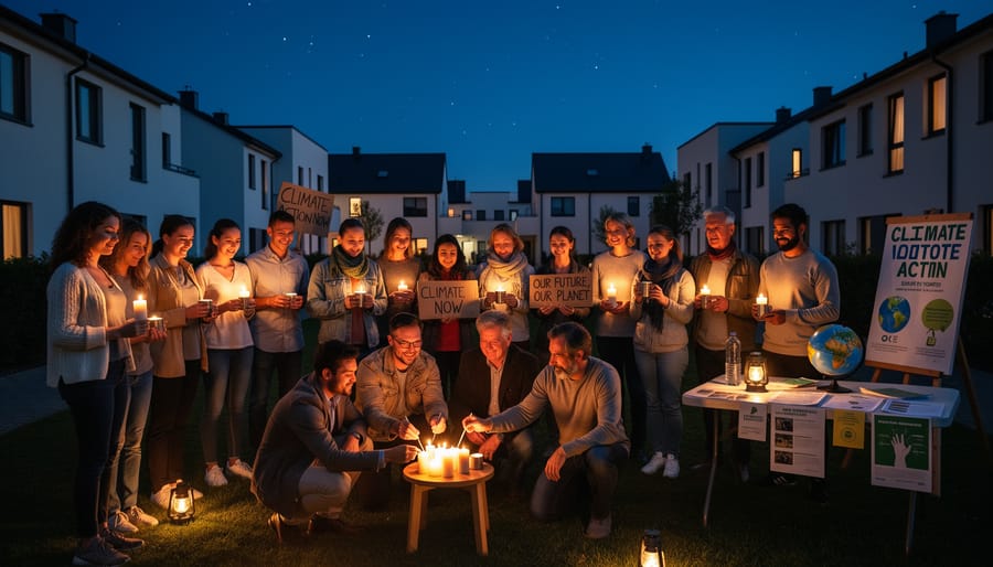 People gathered at night with lights dimmed during a global climate lights-out campaign moment.