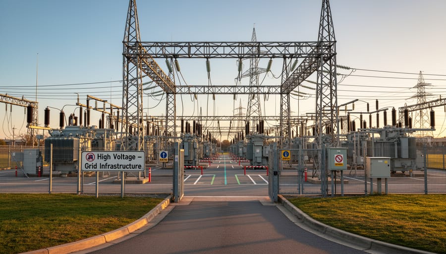 High-voltage transmission substation with steel towers and power lines