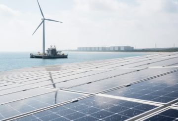 Coastal renewable energy scene with solar panels in the foreground and a floating offshore wind turbine over calm water, with battery storage units suggested near the horizon.