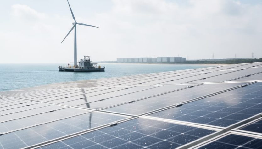 Coastal renewable energy scene with solar panels in the foreground and a floating offshore wind turbine over calm water, with battery storage units suggested near the horizon.