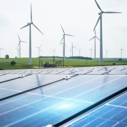 Wind turbines and solar panels in a modern renewable energy field under soft overcast daylight.