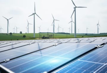 Wind turbines and solar panels in a modern renewable energy field under soft overcast daylight.