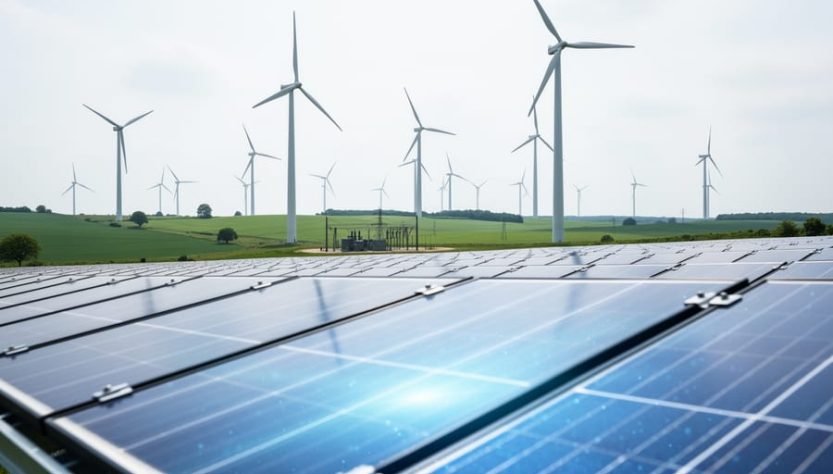 Wind turbines and solar panels in a modern renewable energy field under soft overcast daylight.