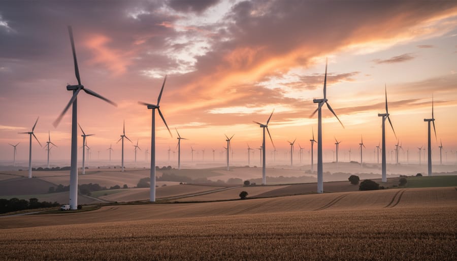 Wind turbines rotating at a wind farm during sunset with dramatic clouds in the sky.