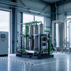 “Modern electrolyzer equipment for producing green hydrogen in a facility with visible solar panels and wind turbines in the background.”
