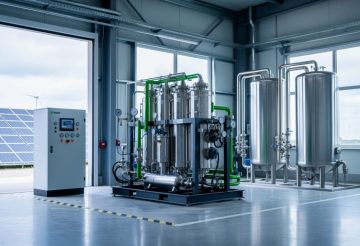 “Modern electrolyzer equipment for producing green hydrogen in a facility with visible solar panels and wind turbines in the background.”