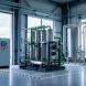 “Modern electrolyzer equipment for producing green hydrogen in a facility with visible solar panels and wind turbines in the background.”