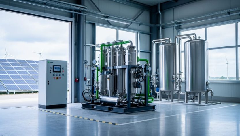 “Modern electrolyzer equipment for producing green hydrogen in a facility with visible solar panels and wind turbines in the background.”